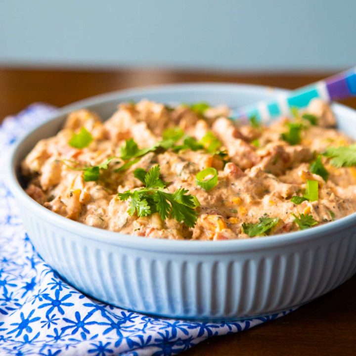 A blue bowl filled with chicken enchilada dip.