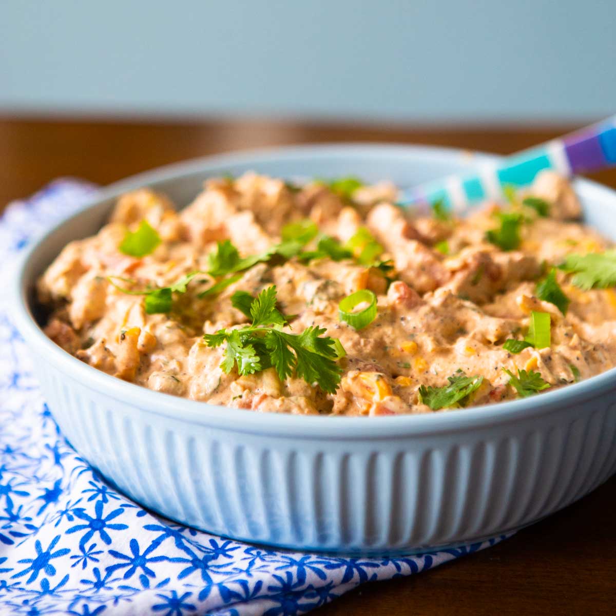 A blue bowl filled with chicken enchilada dip.