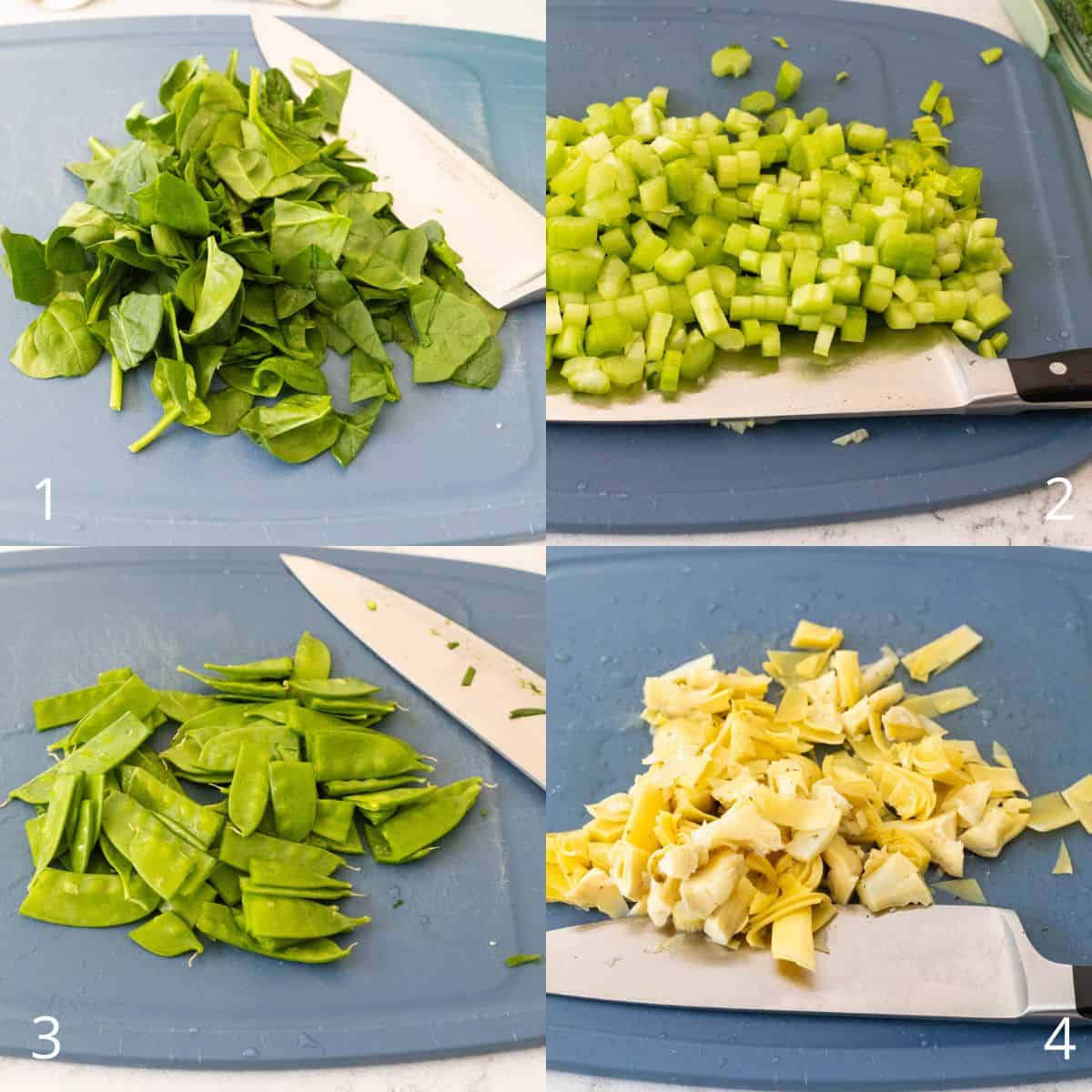 The step by step photo collage shows how big to chop the different veggies for the salad.