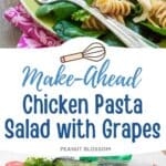 the photo collage shows the serving dish of pasta salad next to the photo of the ingredients needed to make it.