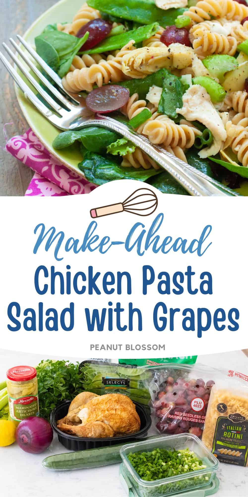 the photo collage shows the serving dish of pasta salad next to the photo of the ingredients needed to make it.
