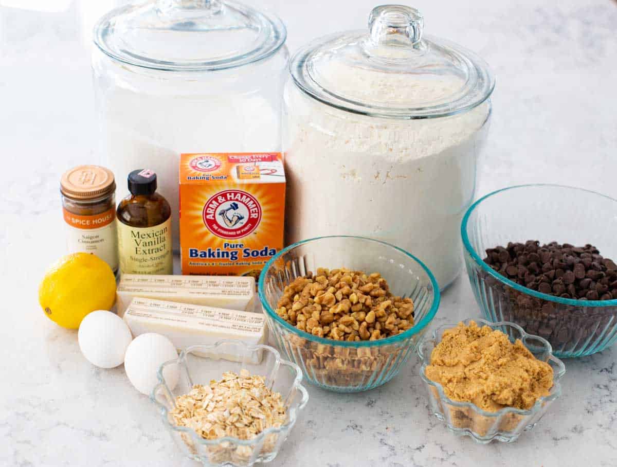 The ingredients to make cookies for the freezer are on the counter.