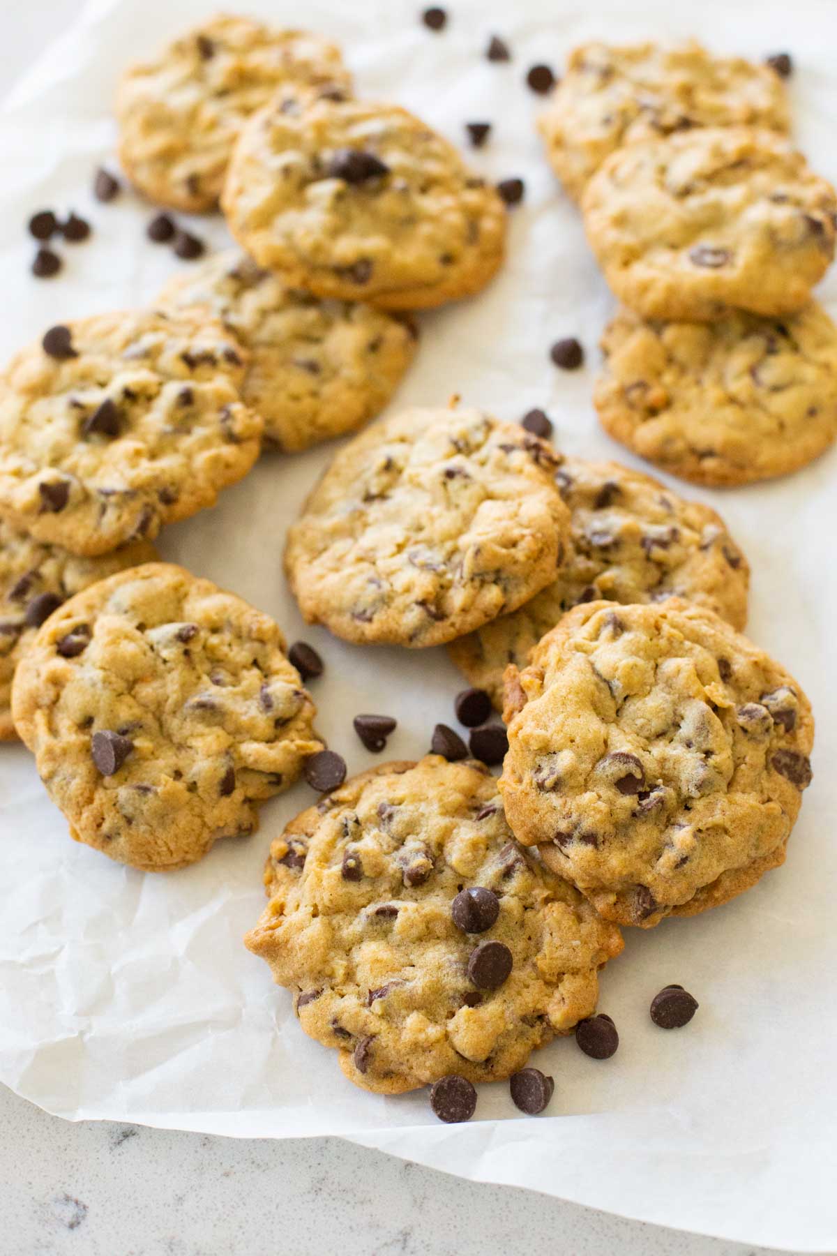 The platter of chocolate chip cookies with chocolate chips scattered about.