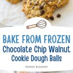 The frozen cookie dough balls are shown next to the baked chocolate chip walnut cookies.