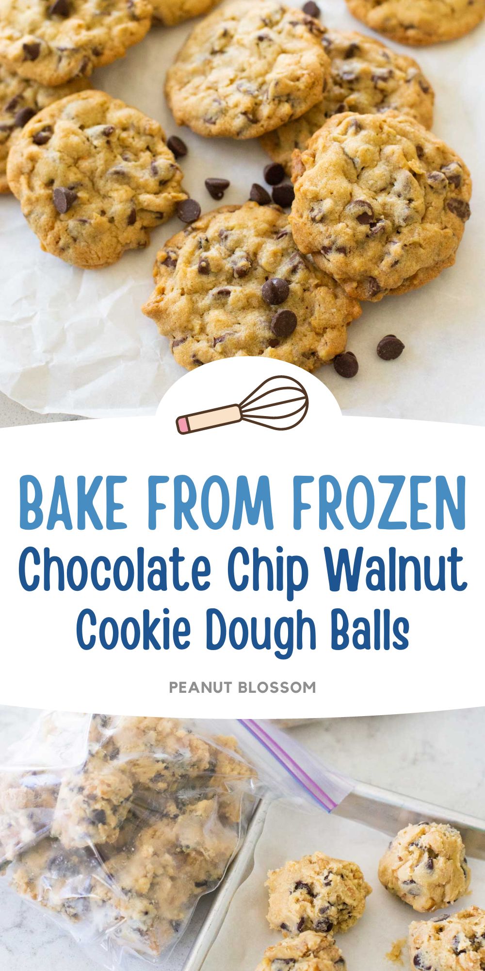 The frozen cookie dough balls are shown next to the baked chocolate chip walnut cookies.