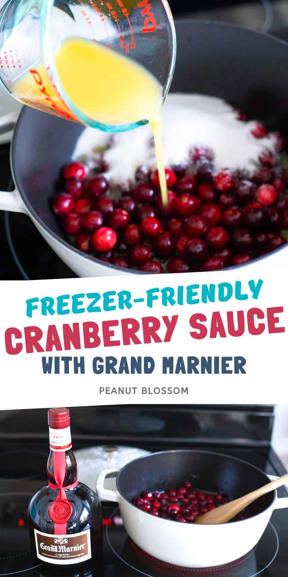 The orange juice is being poured into the cranberries. Bottom photo shows the bottle of Grand Marnier.