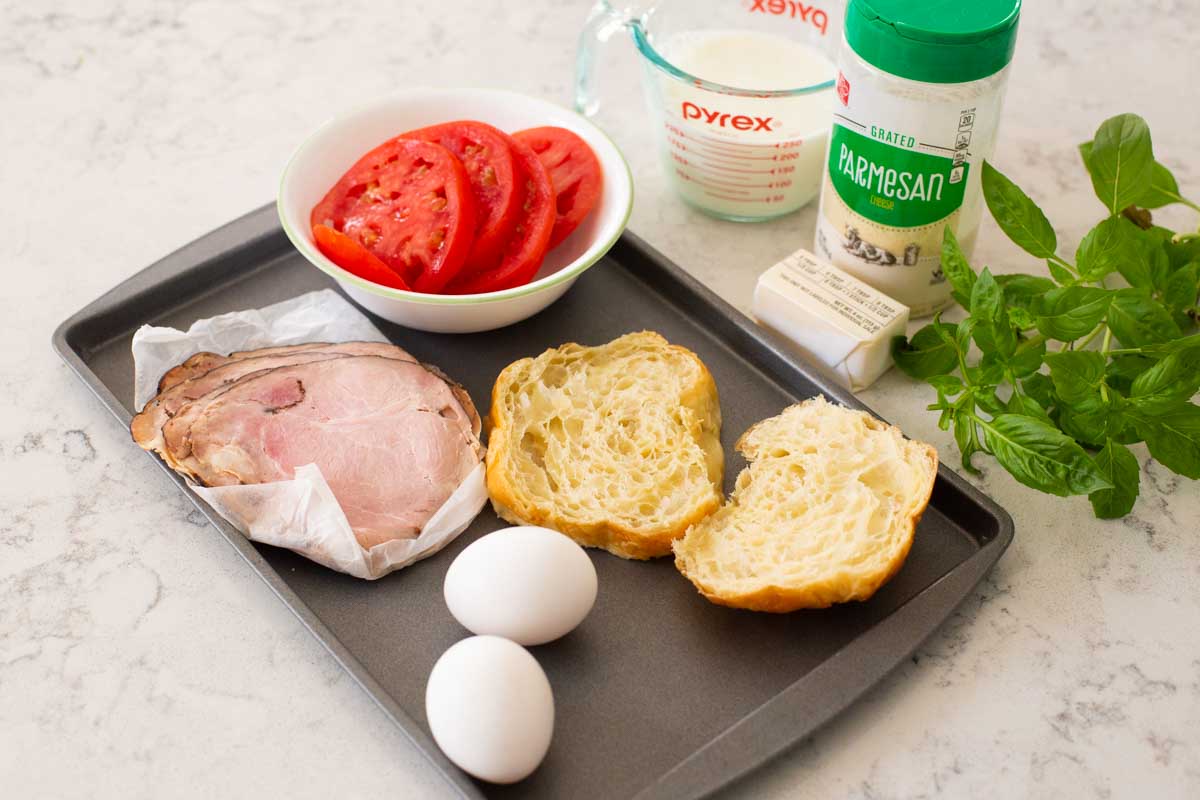 The ingredients to make the easy eggs benedict variation are on the counter.