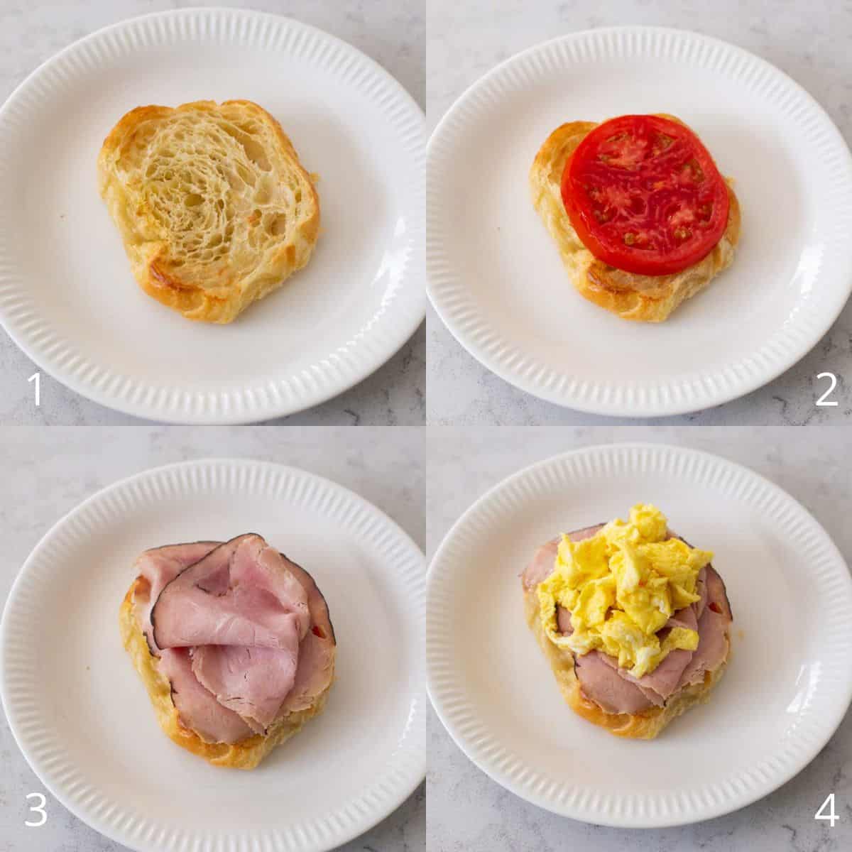 Step by Step photos show how to assemble the eggs benedict variation.