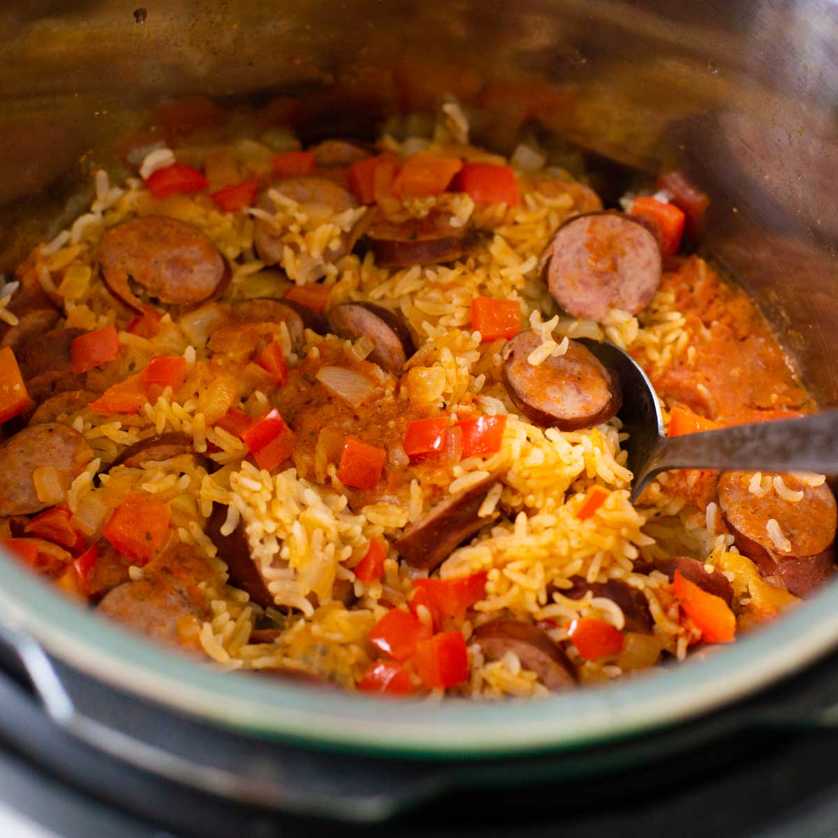 A spicy sausage and rice inside the Instant Pot.