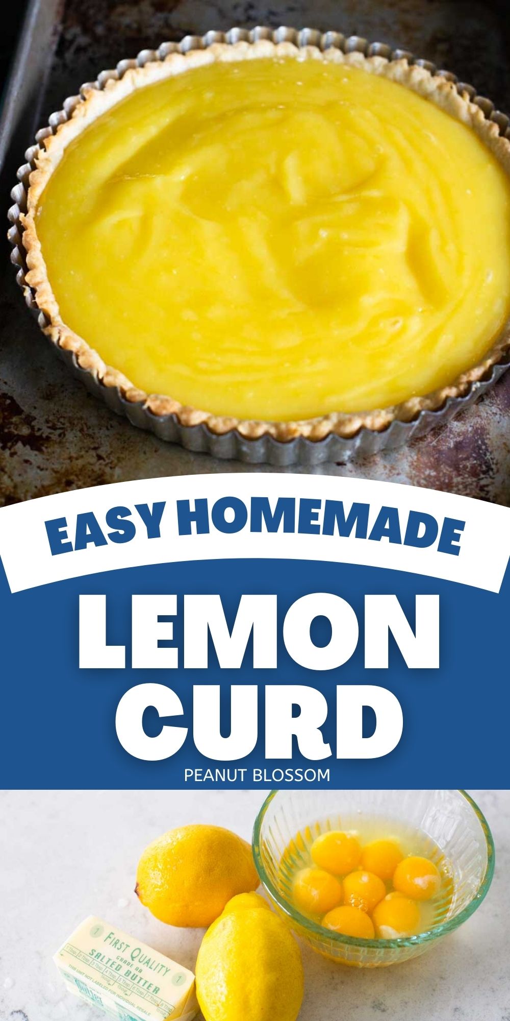 A tart filled with lemon curd is next to a photo of the lemons and eggs used to make it.