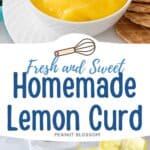 The bowl of bright yellow lemon curd has a spoon for serving. It rests on a plate of waffled butter cookies with slices of fresh lemon off to the side.