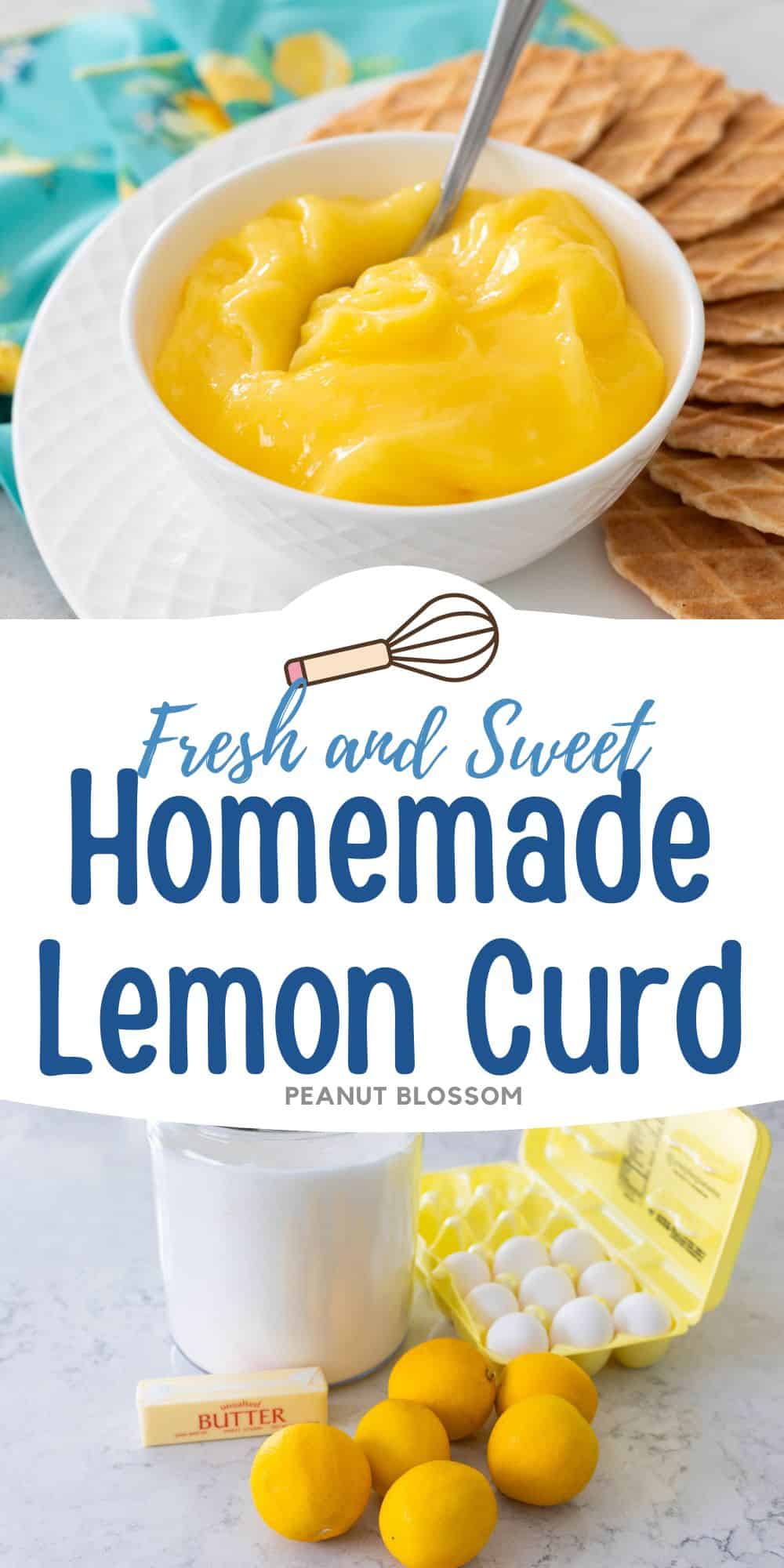 The bowl of bright yellow lemon curd has a spoon for serving. It rests on a plate of waffled butter cookies with slices of fresh lemon off to the side.