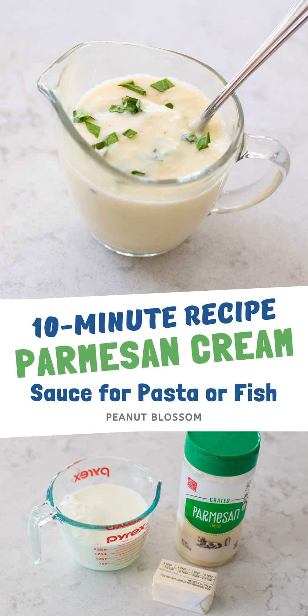 The finished parmesan cream sauce is next to the photo of all the ingredients.