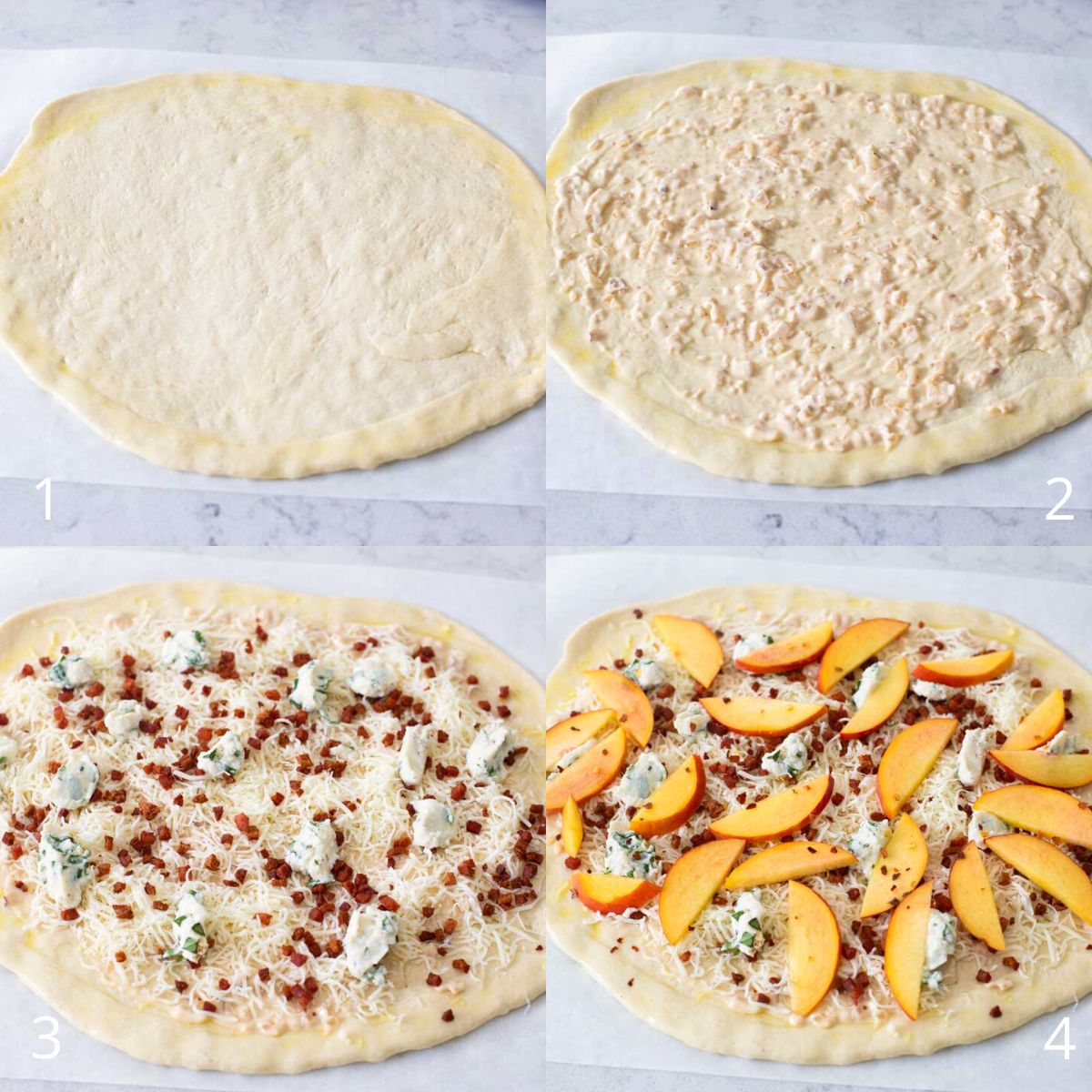 The peach pizza is being assembled in step by step photos.