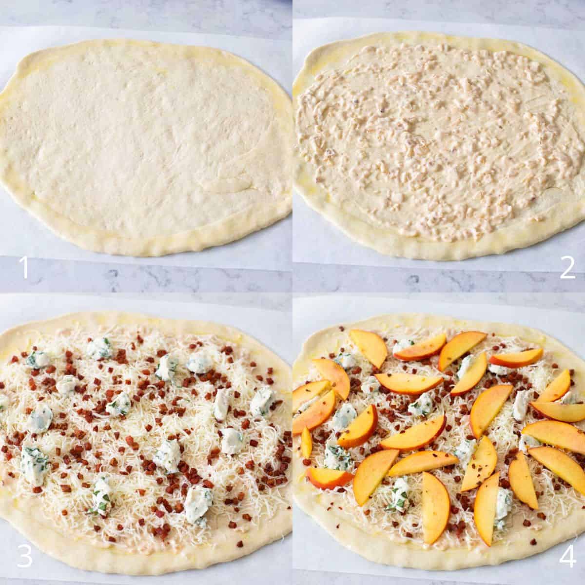 The peach pizza is being assembled in step by step photos.