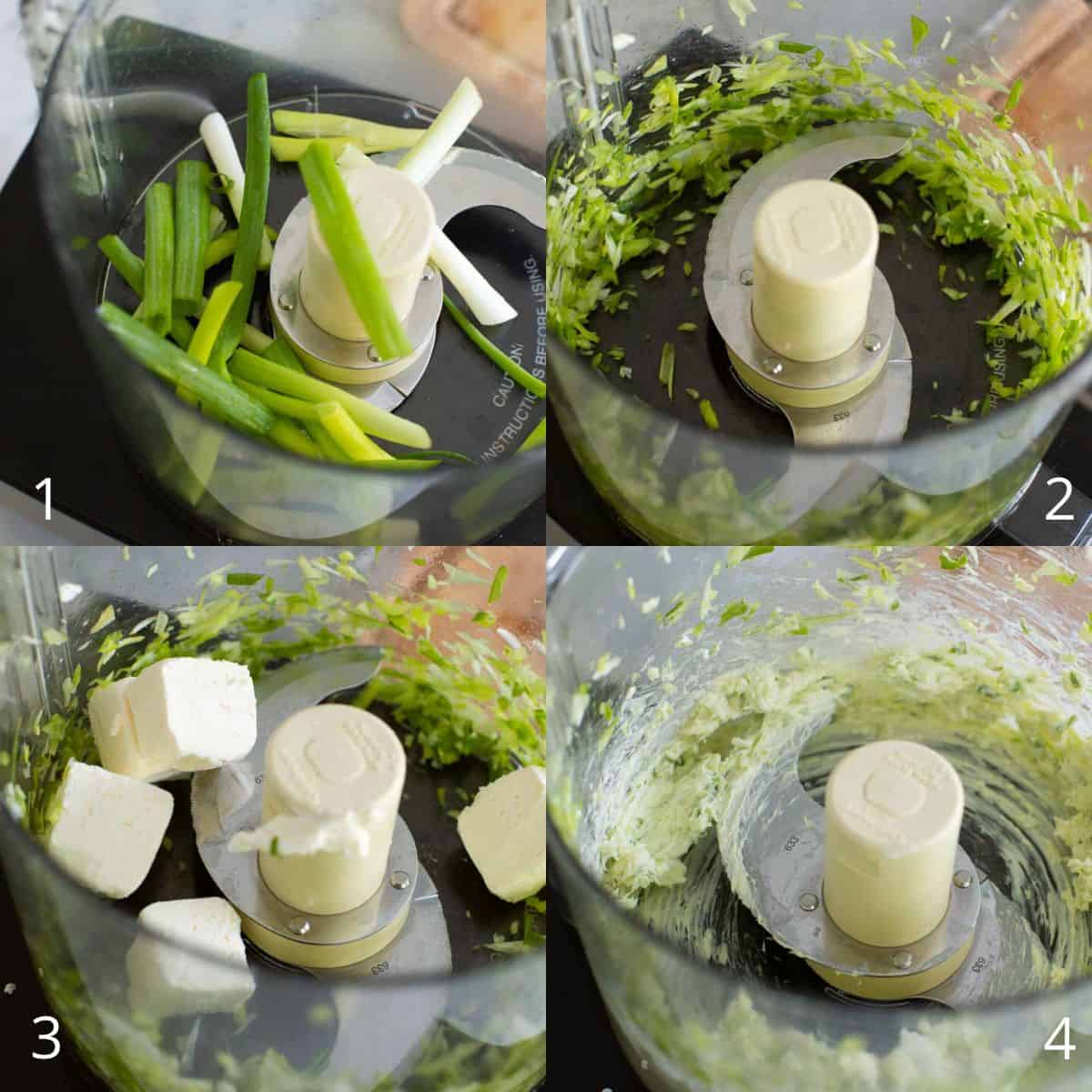 Step by step photos show the green onions and cream cheese in the food processor.