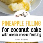 A coconut cake has a layer of pineapple filling under the frosting.