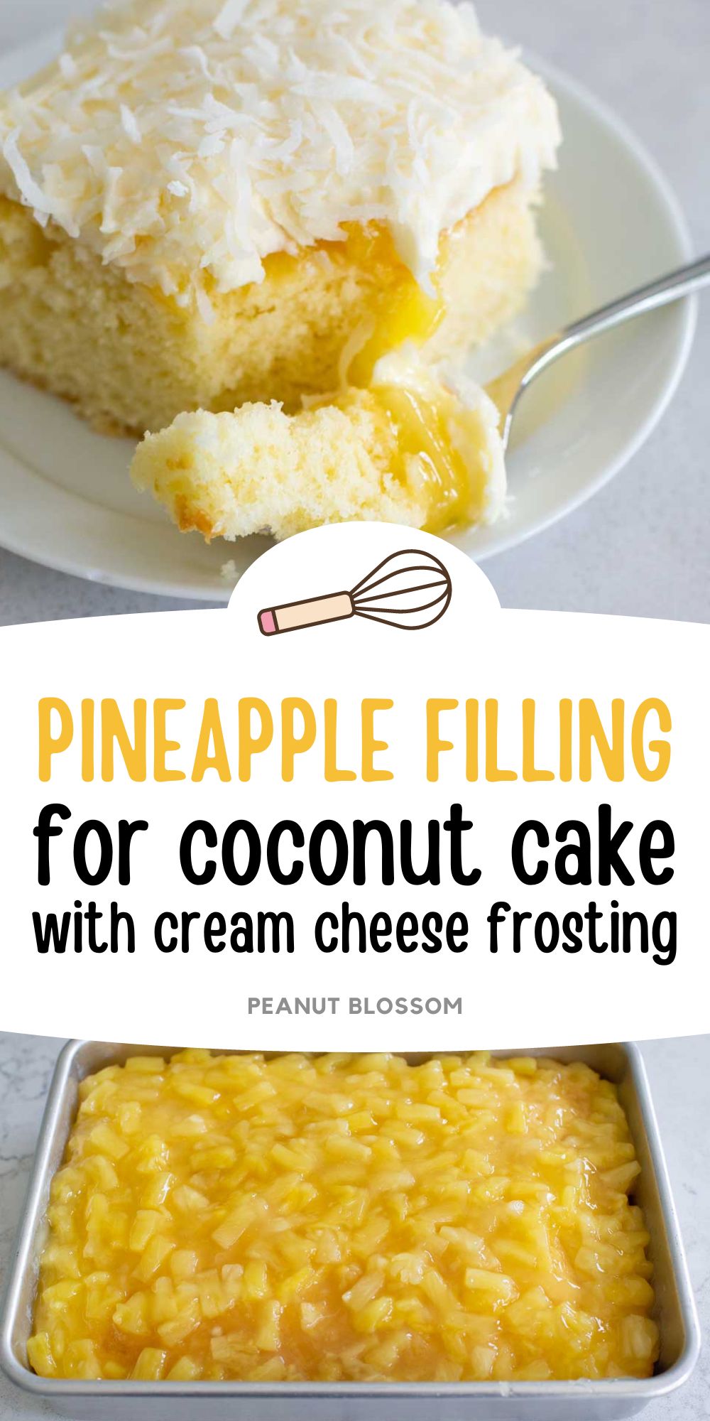 A photo collage shows a piece of coconut cake with pineapple filling next to the cake pan with the filling spread over the top.