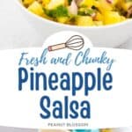 The bowl of pineapple salsa next to a chicken taco with the salsa on top.