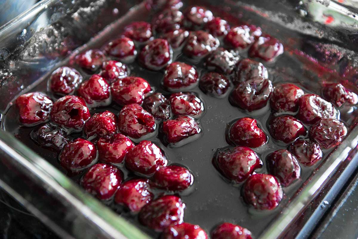 A pan of roasted cherries from the oven.
