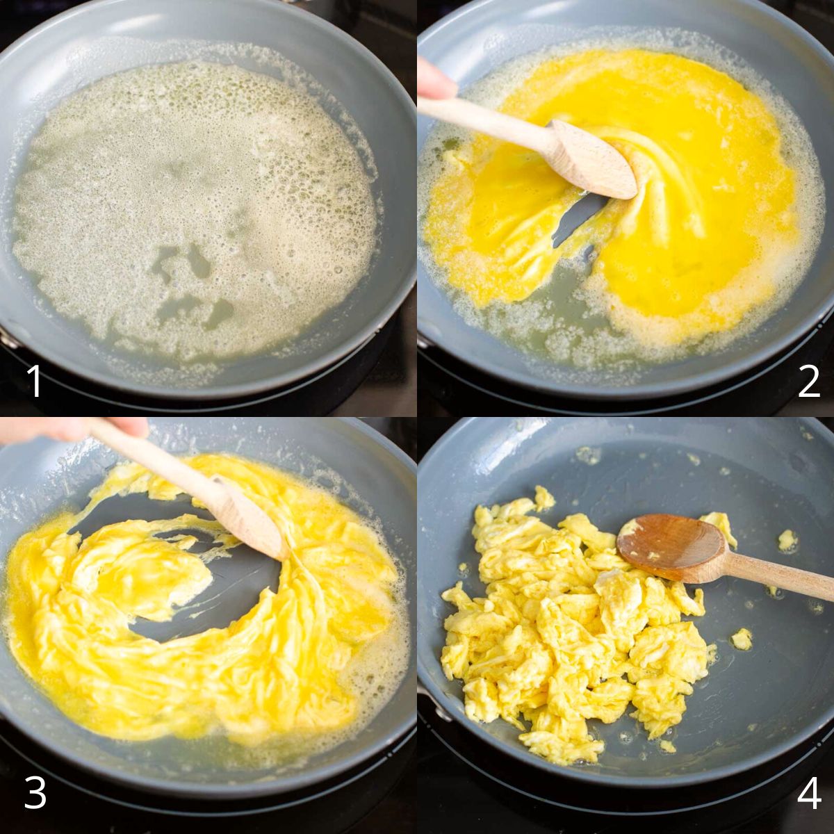 The step by step photos show how to scramble eggs.