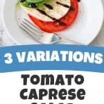 A serving of tomato caprese salad next to photos of how to make it.