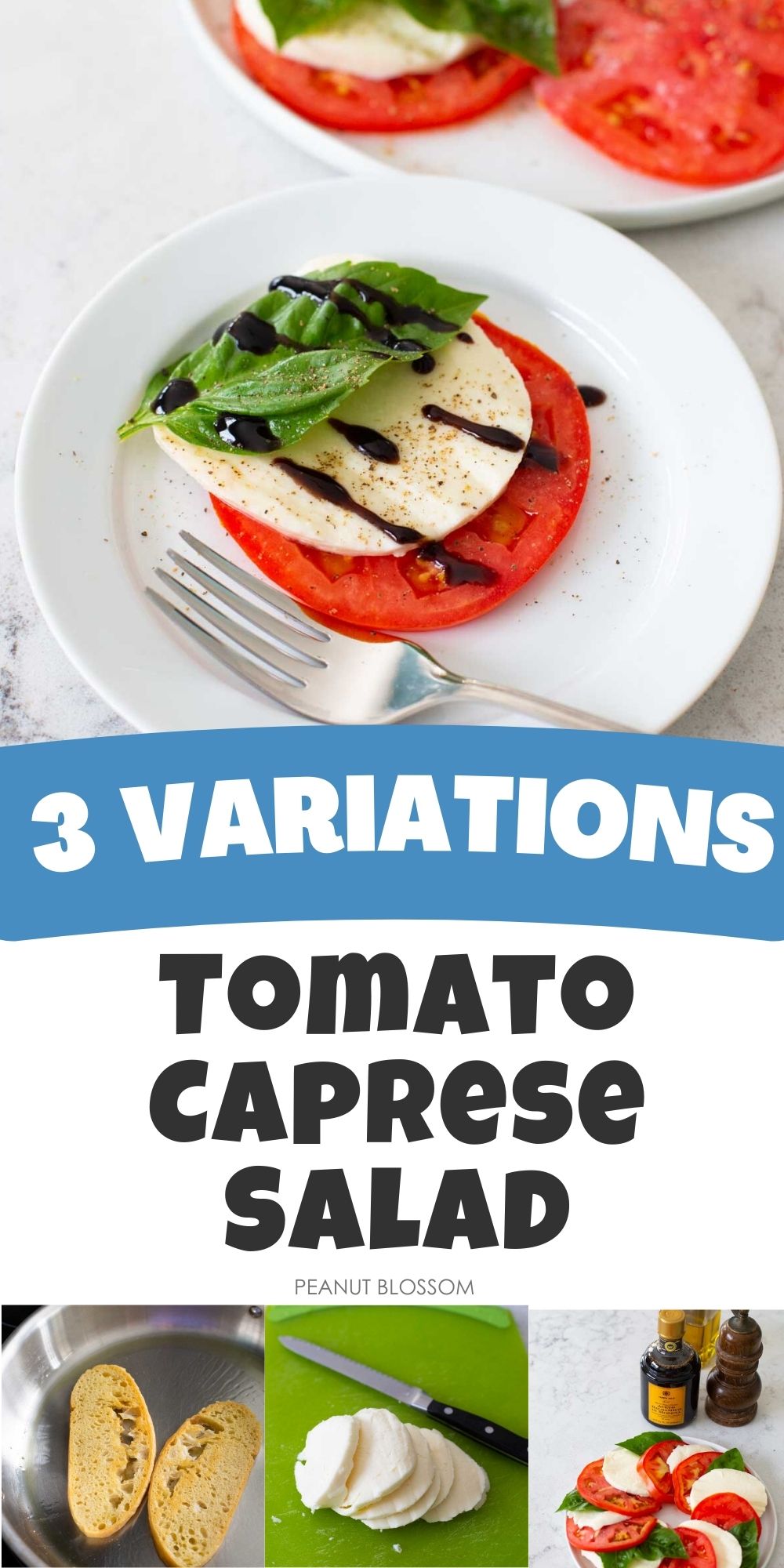 A serving of tomato caprese salad next to photos of how to make it.