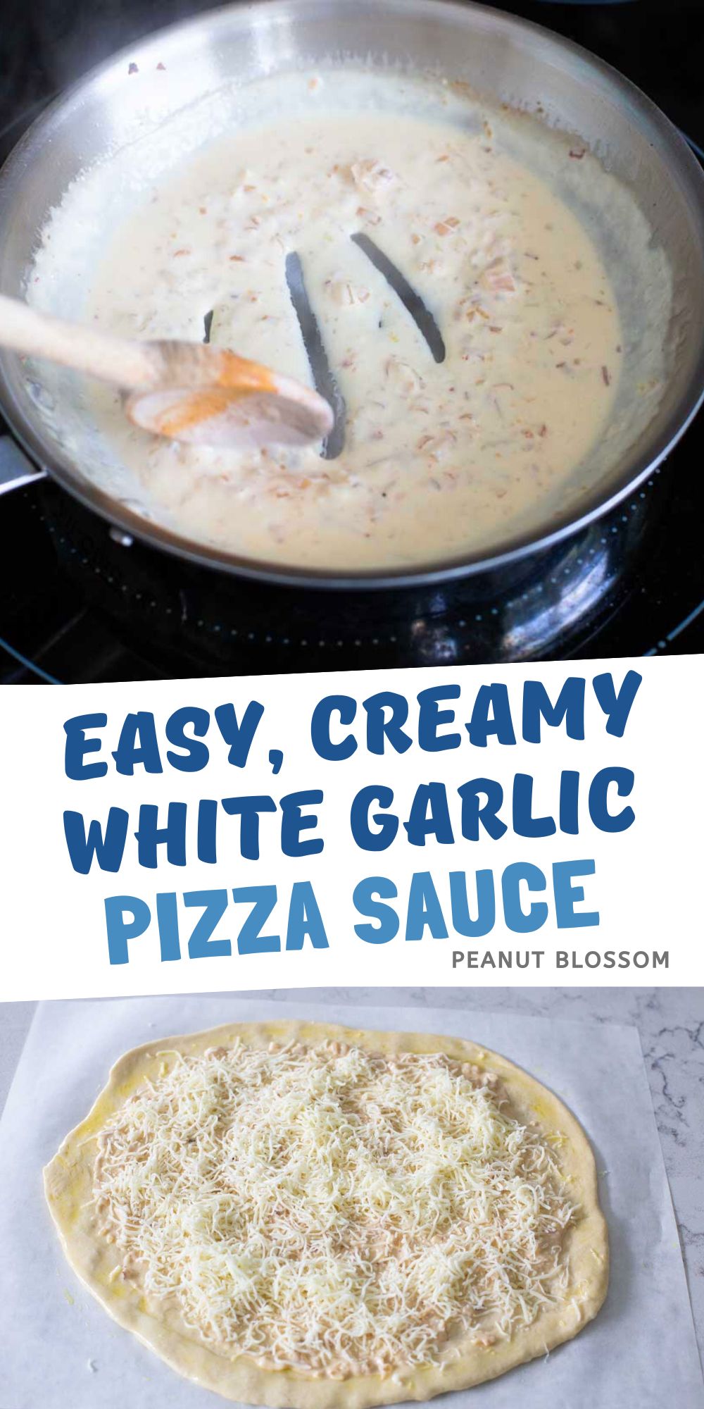 A saute pan filled with white garlic pizza sauce is being stirred by a spoon. A picture of a pizza with the sauce on the crust is below.