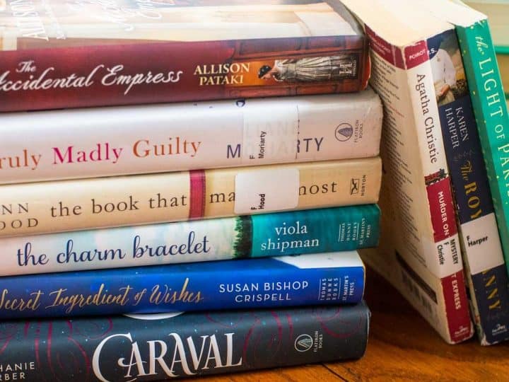 A pile of book club books.