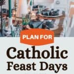 The photo collage shows several family dinner table settings for a Catholic feast.