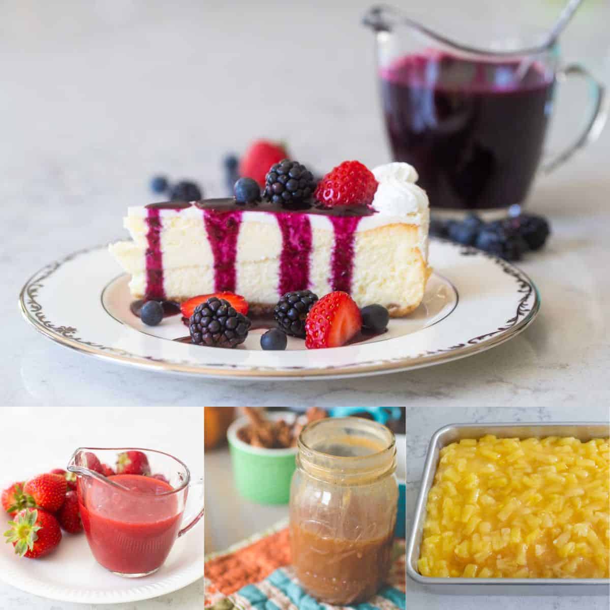 A photo collage shows several easy cheesecake toppings options.