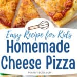 The photo collage shows the cheese pizza on top and the ingredients to make it below.
