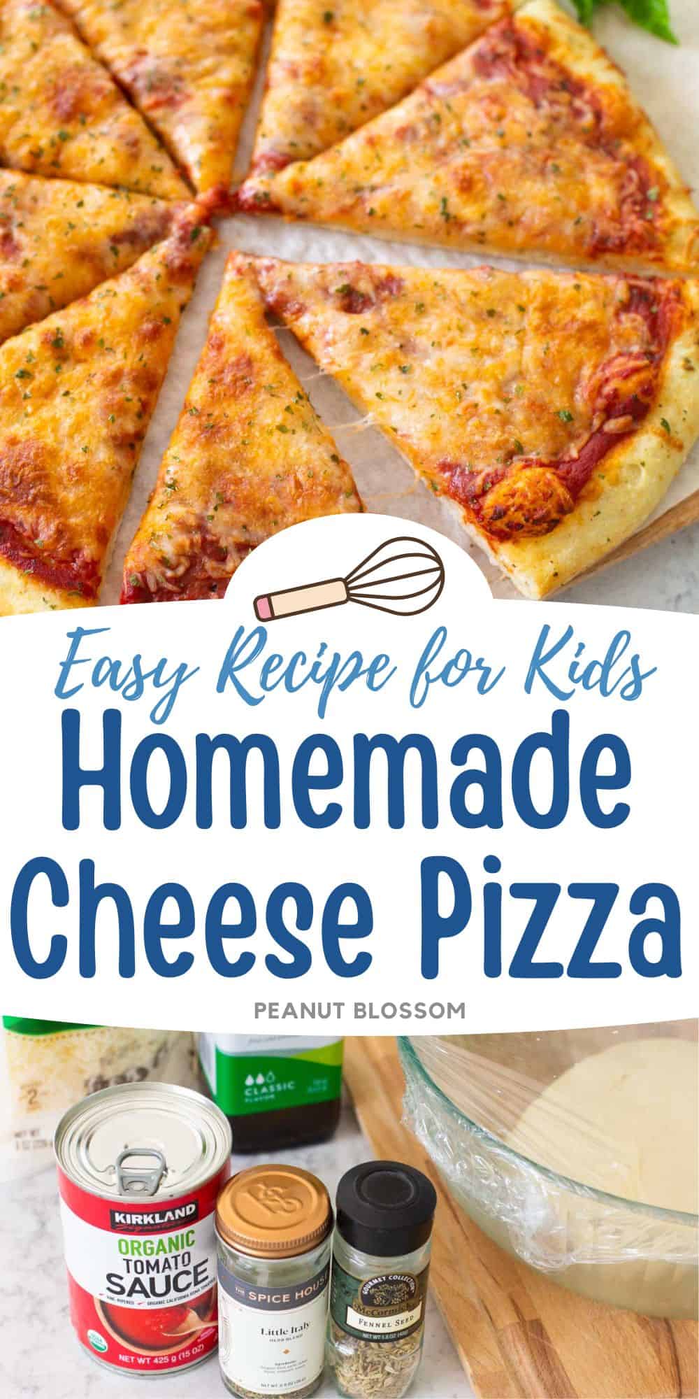 The photo collage shows the cheese pizza on top and the ingredients to make it below.