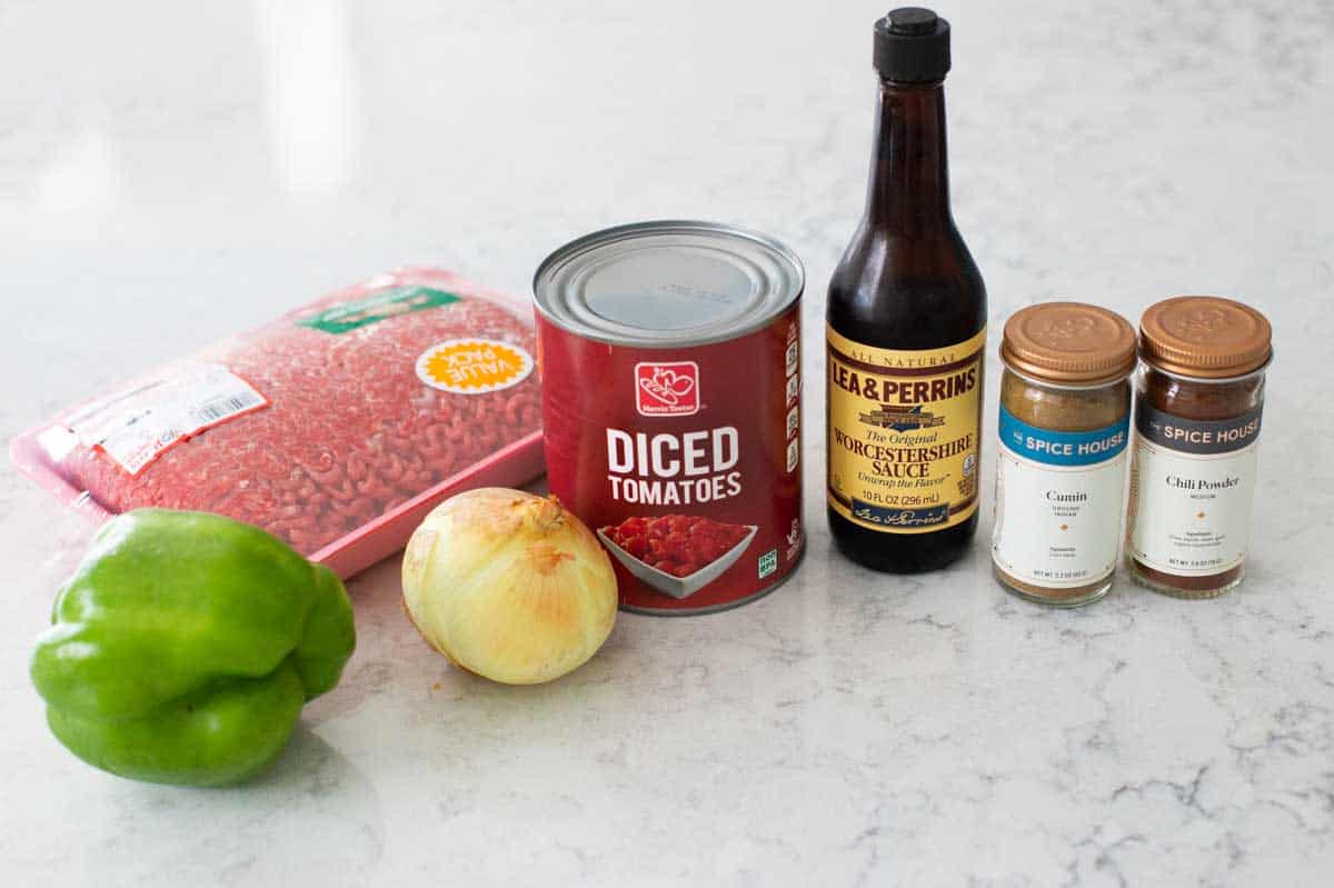 The ingredients to make the recipe are lined up on the counter.