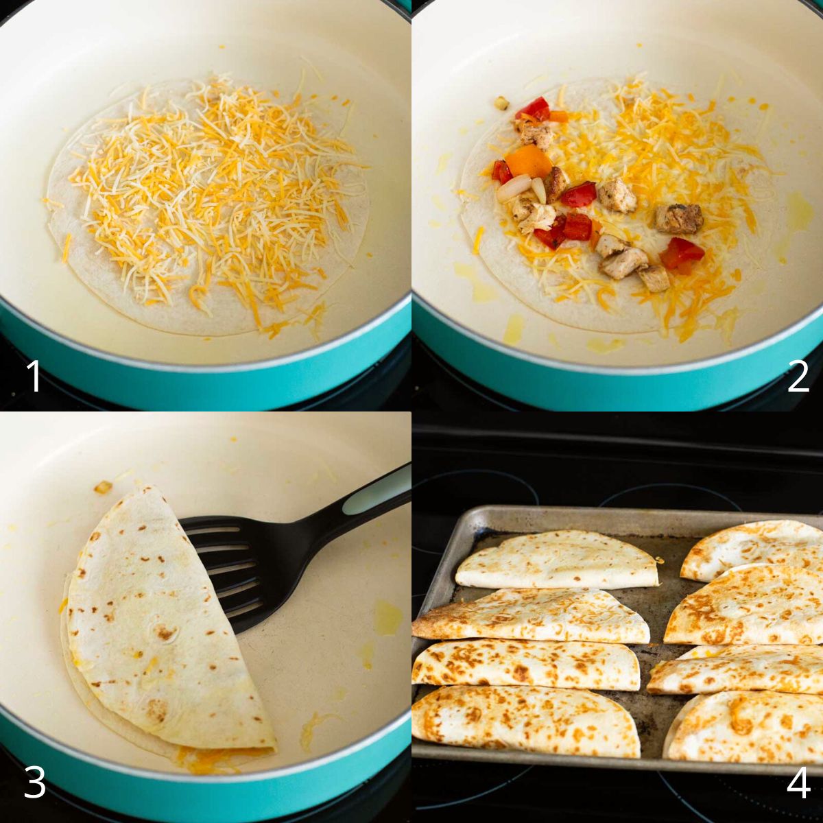 A step by step photo collage shows how to griddle homemade quesadillas.