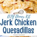 The photo collage shows the quesadillas on a plate next to a photo of the chicken filling used to make them.