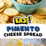 A blue bowl of pimento cheese with crackers is next to 2 photos of how to make the recipe.