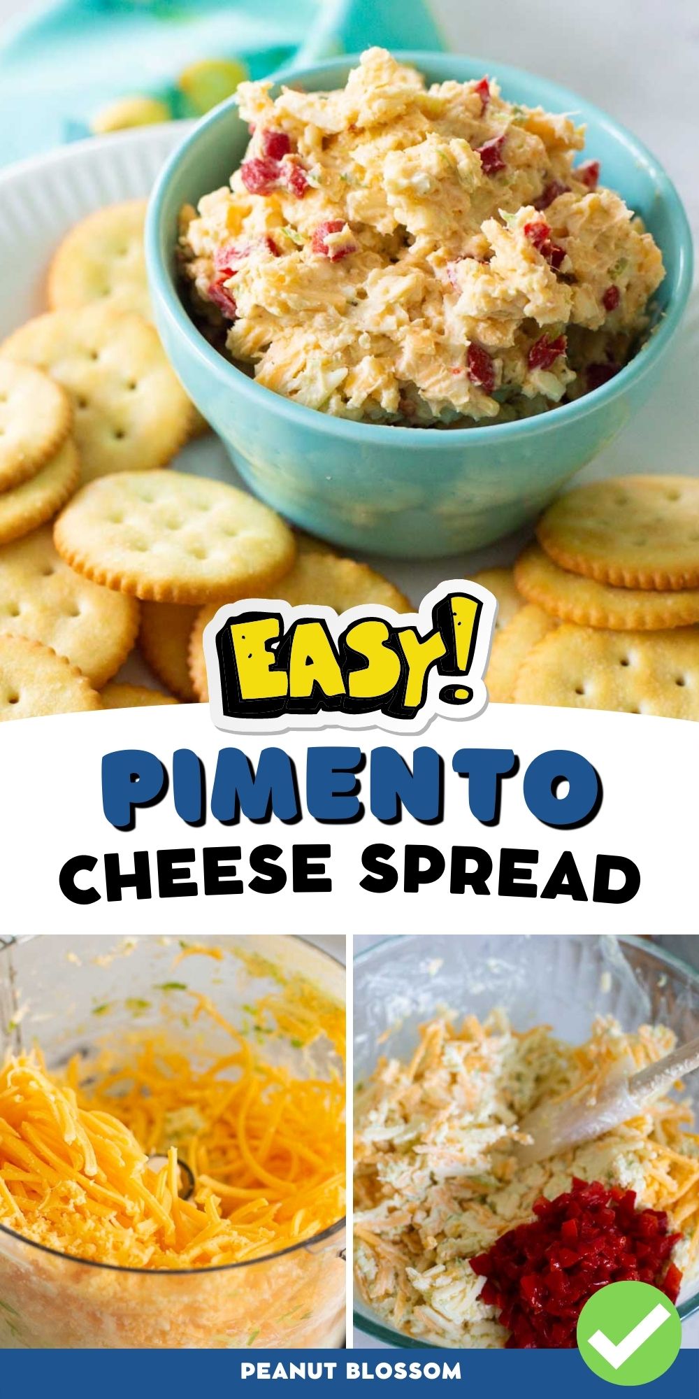 A blue bowl of pimento cheese with crackers is next to 2 photos of how to make the recipe.