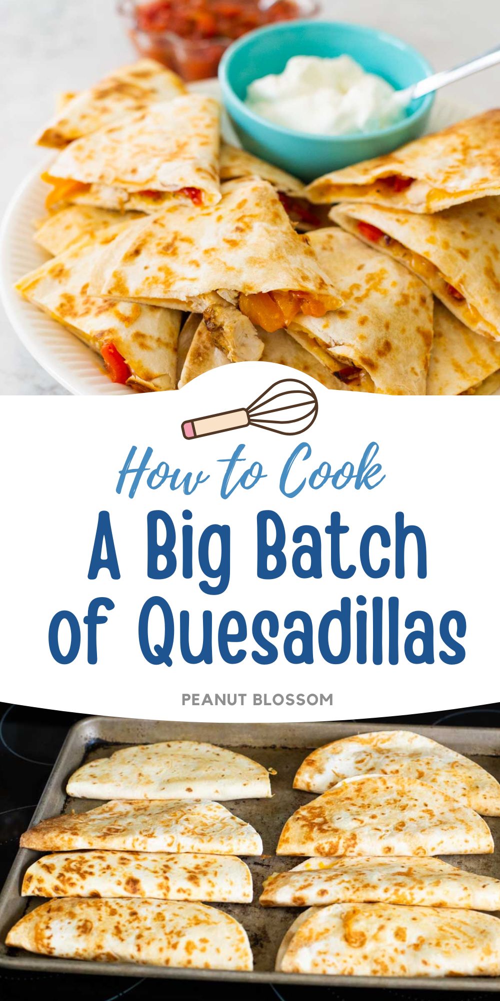 A sheet pan of several quesadillas is ready to keep warm in the oven.