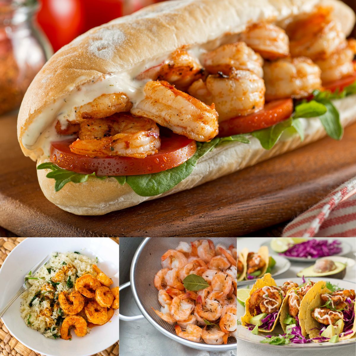 A photo collage shows some of the easy shrimp recipes for dinner including a shrimp po'boy, shrimp rice bowl, and shrimp tacos.