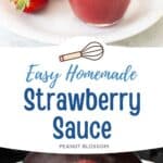 The photo collage shows a small pitcher of the strawberry sauce next to the pot where it is simmering on the stovetop.