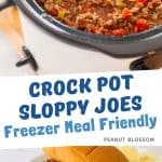 A photo collage shows the sloppy joes in the crock pot and a photo below shows the full sandwich.