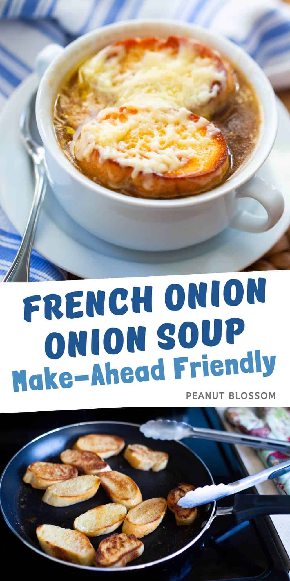 A photo collage shows the finished soup on top and the griddled baguette slices down below.