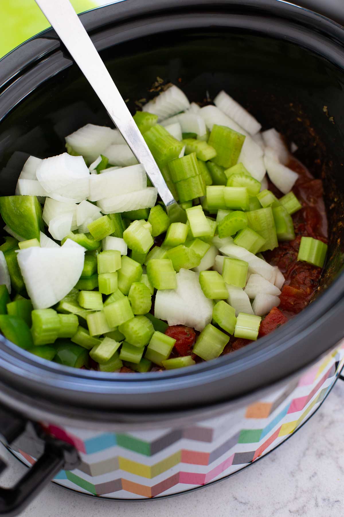 The diced onion and fresh celery are mixed in.