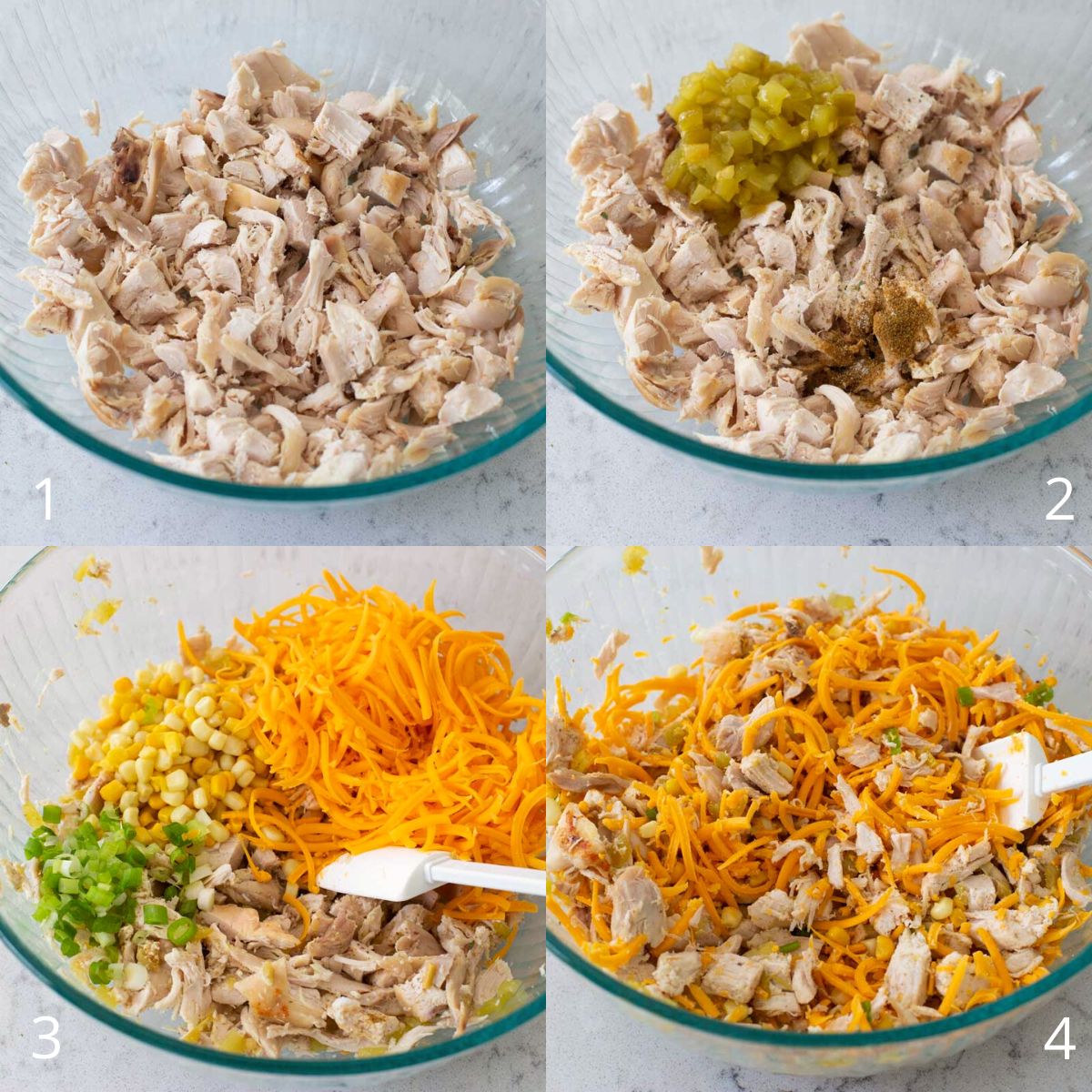 The step by step photos show how to mix the chicken, veggies, and cheese.