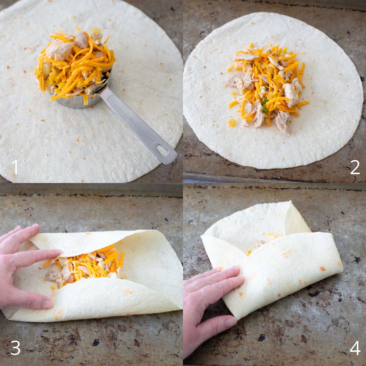 The step by step photos show how to roll a chimichanga or burrito. 