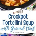 The tortellini are floating in a tomato based soup in a slowcooker. The second photo in the collage shows the ingredients needed to make the soup.