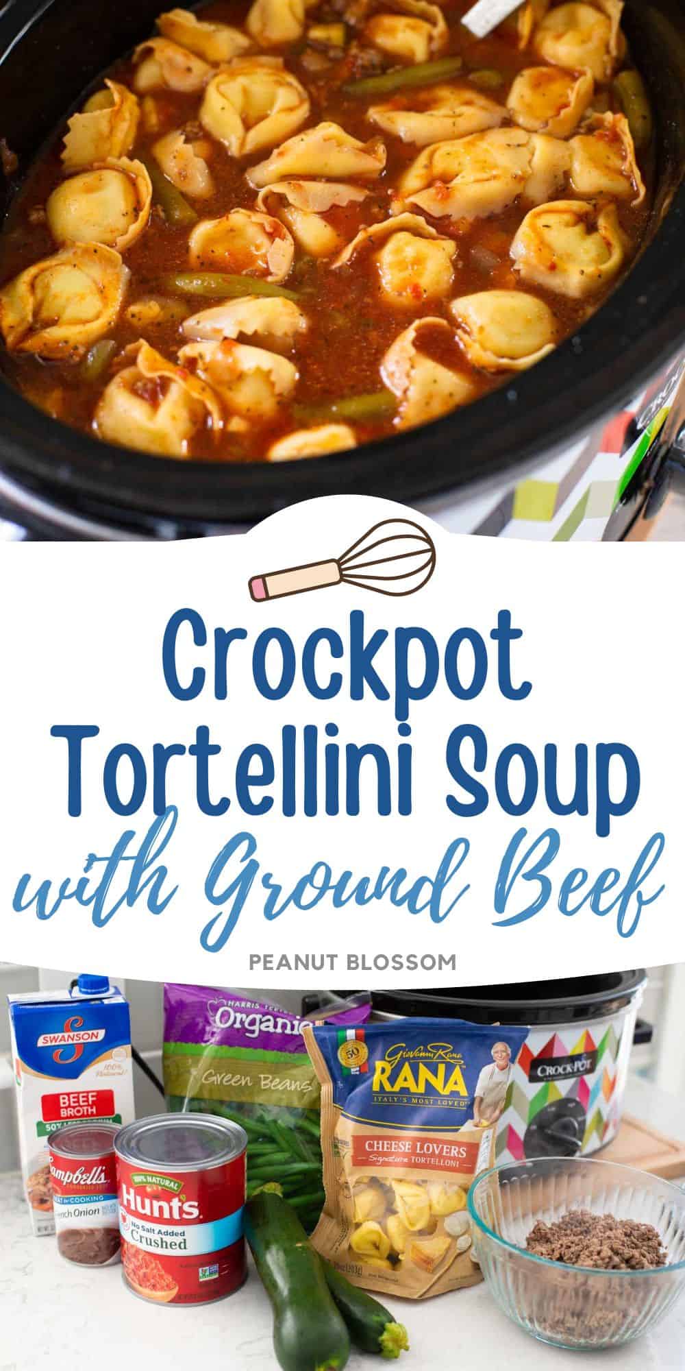 The tortellini are floating in a tomato based soup in a slowcooker. The second photo in the collage shows the ingredients needed to make the soup.