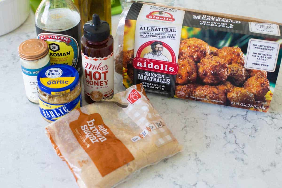 The ingredients to make the frozen meatball skillet are on the counter.