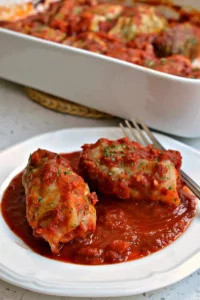 A plate of cabbage rolls.